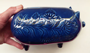 LARGE 1960s Vintage Ceramic Piggy Bank or Money Box. With Incised Floral Patterns, Shiny Blue Glaze and Original Stopper