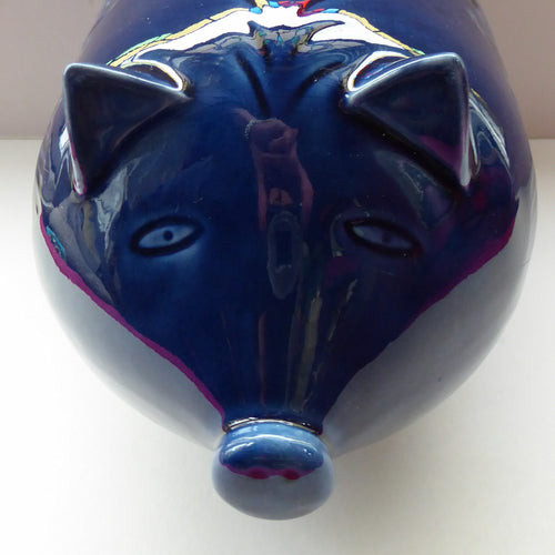 LARGE 1960s Vintage Ceramic Piggy Bank or Money Box. With Incised Floral Patterns, Shiny Blue Glaze and Original Stopper