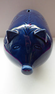LARGE 1960s Vintage Ceramic Piggy Bank or Money Box. With Incised Floral Patterns, Shiny Blue Glaze and Original Stopper