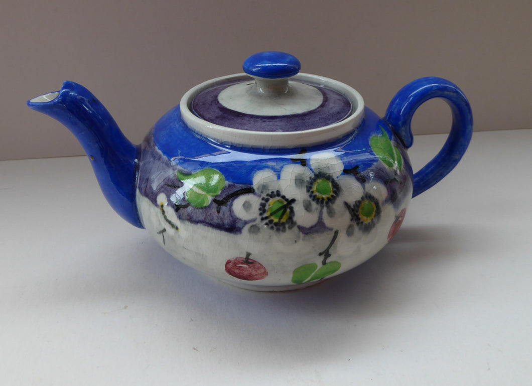 SCOTTISH POTTERY. Rare MakMerry Hand-Painted Teapot with White Prunus Blossoms and Blue Background. Excellent Condition