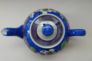 SCOTTISH POTTERY. Rare MakMerry Hand-Painted Teapot with White Prunus Blossoms and Blue Background. Excellent Condition