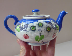SCOTTISH POTTERY. Rare MakMerry Hand-Painted Teapot with White Prunus Blossoms and Blue Background. Excellent Condition