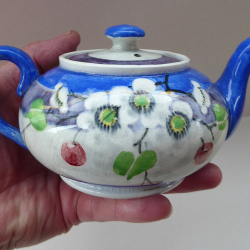 Rare MakMerry Hand-Painted Teapot with White Prunus Blossoms and Blue Background. Excellent Condition