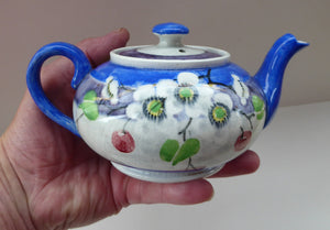 SCOTTISH POTTERY. Rare MakMerry Hand-Painted Teapot with White Prunus Blossoms and Blue Background. Excellent Condition