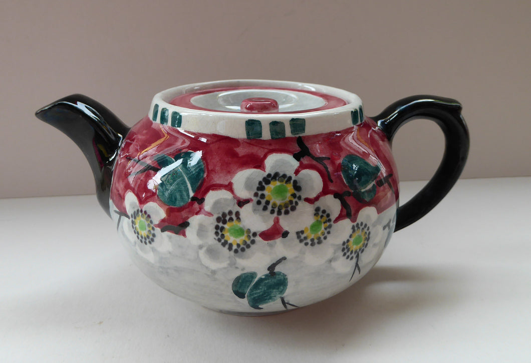 SCOTTISH POTTERY. Rare MakMerry Hand-Painted Teapot with White Prunus Blossoms and Pink Background. Excellent Condition