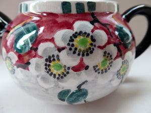 SCOTTISH POTTERY. Rare MakMerry Hand-Painted Teapot with White Prunus Blossoms and Pink Background. Excellent Condition