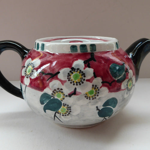 Rare MakMerry Hand-Painted Teapot with White Prunus Blossoms and Pink Background. Excellent Condition