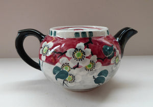 SCOTTISH POTTERY. Rare MakMerry Hand-Painted Teapot with White Prunus Blossoms and Pink Background. Excellent Condition