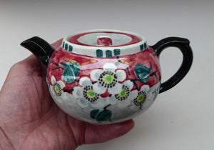 SCOTTISH POTTERY. Rare MakMerry Hand-Painted Teapot with White Prunus Blossoms and Pink Background. Excellent Condition