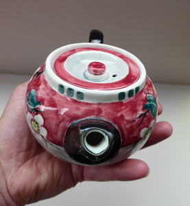 SCOTTISH POTTERY. Rare MakMerry Hand-Painted Teapot with White Prunus Blossoms and Pink Background. Excellent Condition