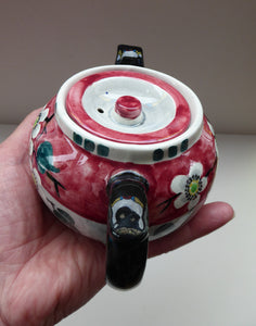 SCOTTISH POTTERY. Rare MakMerry Hand-Painted Teapot with White Prunus Blossoms and Pink Background. Excellent Condition