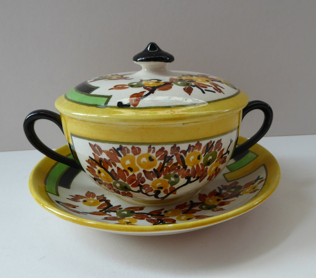 SCOTTISH POTTERY. 1930s BOUGH Pottery. Rare Twin Handled Dish & Cover - with Matching Stand. Richard Amour; Dated 1939