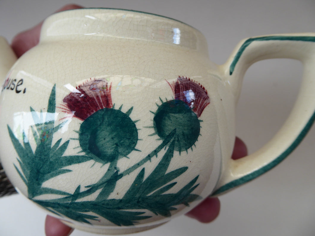 SCOTTISH POTTERY. Rare 1920s Morrison & Crawford ROSSLYN Ware Miniature Teapot from Grantshouse. Hand Painted Scotch Thistles