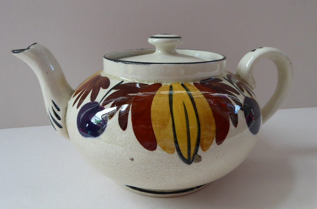 Scottish Pottery. RARE Robert Heron & Sons LANGTOUN WARE, Kirkcaldy. Small Size Teapot - with Dark Cherries and Floral Design