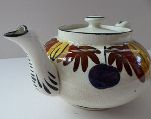 Scottish Pottery. RARE Robert Heron & Sons LANGTOUN WARE, Kirkcaldy. Small Size Teapot - with Dark Cherries and Floral Design