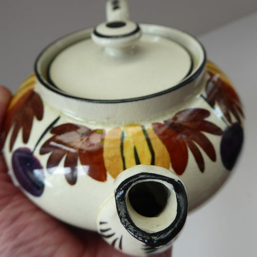 RARE Robert Heron & Sons LANGTOUN WARE, Kirkcaldy. Small Size Teapot - with Dark Cherries and Floral Design