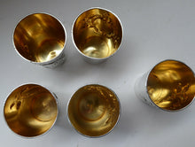 Load image into Gallery viewer, FIVE Antique Pretty RUSSIAN SILVER Vodka Tot Cups or Shot Beakers Rocaille Cartouche
