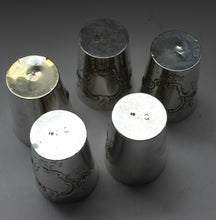 Load image into Gallery viewer, FIVE Antique Pretty RUSSIAN SILVER Vodka Tot Cups or Shot Beakers Rocaille Cartouche
