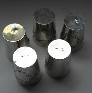 FIVE Antique Pretty RUSSIAN SILVER Vodka Tot Cups or Shot Beakers Rocaille Cartouche