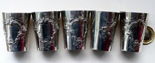 Load image into Gallery viewer, FIVE Antique Pretty RUSSIAN SILVER Vodka Tot Cups or Shot Beakers Rocaille Cartouche

