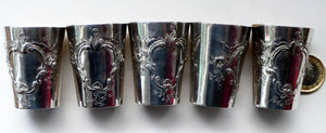 FIVE Antique Pretty RUSSIAN SILVER Vodka Tot Cups or Shot Beakers Rocaille Cartouche