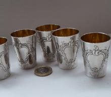 Load image into Gallery viewer, FIVE Antique Pretty RUSSIAN SILVER Vodka Tot Cups or Shot Beakers Rocaille Cartouche
