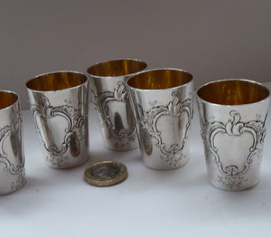 FIVE Antique Pretty RUSSIAN SILVER Vodka Tot Cups or Shot Beakers Rocaille Cartouche