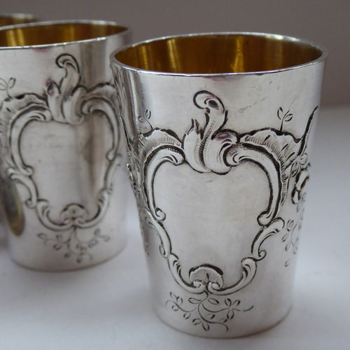 FIVE Antique Pretty RUSSIAN SILVER Vodka Tot Cups or Shot Beakers Rocaille Cartouche