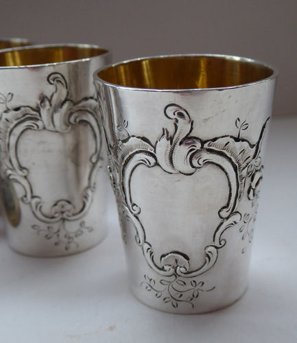 FIVE Antique Pretty RUSSIAN SILVER Vodka Tot Cups or Shot Beakers Rocaille Cartouche