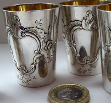 Load image into Gallery viewer, FIVE Antique Pretty RUSSIAN SILVER Vodka Tot Cups or Shot Beakers Rocaille Cartouche
