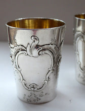 Load image into Gallery viewer, FIVE Antique Pretty RUSSIAN SILVER Vodka Tot Cups or Shot Beakers Rocaille Cartouche

