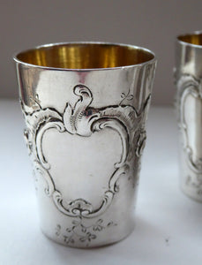 FIVE Antique Pretty RUSSIAN SILVER Vodka Tot Cups or Shot Beakers Rocaille Cartouche