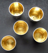 Load image into Gallery viewer, FIVE Antique Pretty RUSSIAN SILVER Vodka Tot Cups or Shot Beakers Rocaille Cartouche
