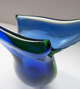 1960s Murano SOMMERSO Blue and Green Cased Glass Vase. Teardrop Shape with Raised Peaks or Wings to Each Side