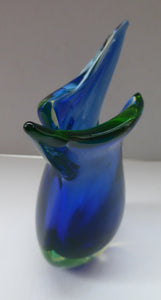 1960s Murano SOMMERSO Blue and Green Cased Glass Vase. Teardrop Shape with Raised Peaks or Wings to Each Side