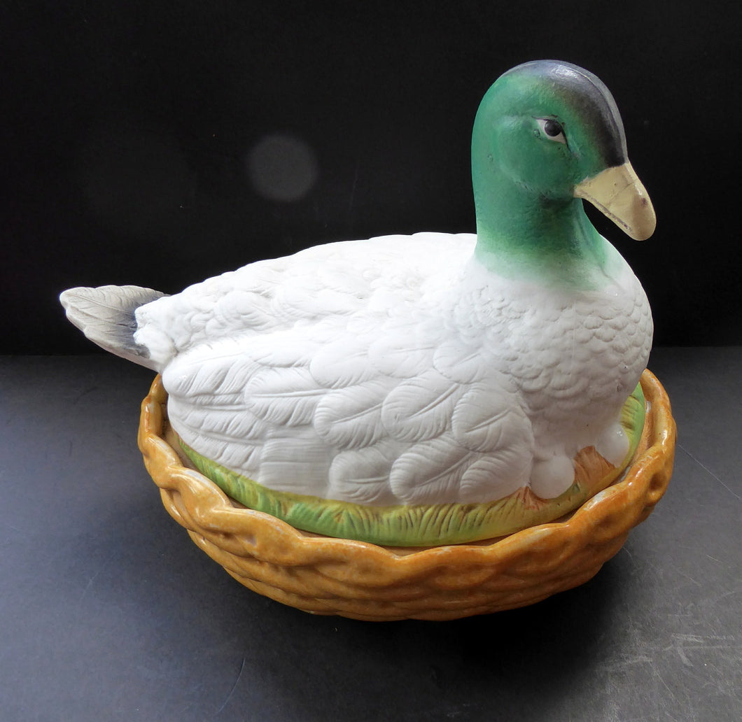 Rare ANTIQUE Staffordshire Bisque DUCK on a NEST. Victorian era; and in excellent condition