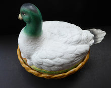 Load image into Gallery viewer, Rare ANTIQUE Staffordshire Bisque DUCK on a NEST. Victorian era; and in excellent condition
