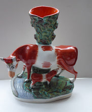 Load image into Gallery viewer, Large Staffordshire Spill Vase / Antique Figurine of a Cow Suckling her Calf by the Side of a River
