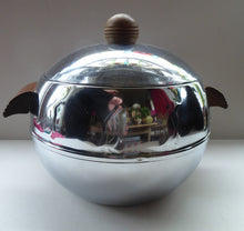 Load image into Gallery viewer, 1950s AMERICAN Vintage WEST BEND Chrome Ice Bucket with Wood Handles &amp; Penguin Frieze. Wooden Knop on the Lid
