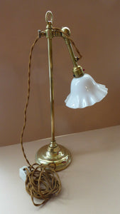 ART NOUVEAU Brass Table Lamp. Genuine Antique Desk Lamp with Fully Adjustable and Angled Arm & White Glass Shade