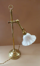 Load image into Gallery viewer, ART NOUVEAU Brass Table Lamp. Genuine Antique Desk Lamp with Fully Adjustable and Angled Arm &amp; White Glass Shade
