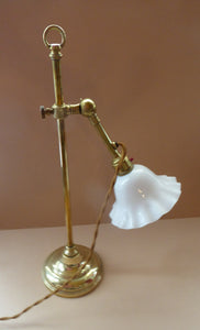 ART NOUVEAU Brass Table Lamp. Genuine Antique Desk Lamp with Fully Adjustable and Angled Arm & White Glass Shade
