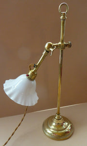 ART NOUVEAU Brass Table Lamp. Genuine Antique Desk Lamp with Fully Adjustable and Angled Arm & White Glass Shade