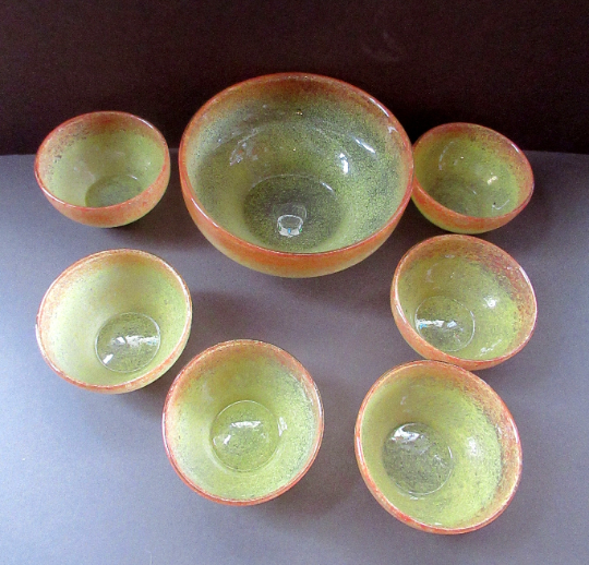 Vasart Glass Serving Bowls. Signed. Yellow and Orange