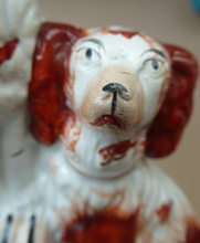 Load image into Gallery viewer, Antique Staffordshire King Charles Spaniel Dogs Sitting on Top of a Barrel. Genuine Victorian Figurine
