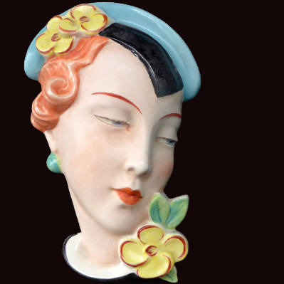 ART DECO Royal Dux, Czechoslovakia Wall Mask. 1930s Lady with Stylish Flapper Hat and Yellow Flower on her Lapel