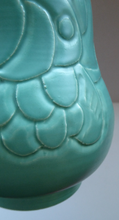 Load image into Gallery viewer, 1930s CROWN DUCAL Byztantine or Danube Vase. Shaped 155. Matt Aqua Green Glaze with Sgraffito Floral Decorations
