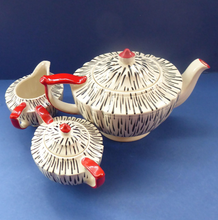 Load image into Gallery viewer, Very Rare Zebra Stripe Sadler Three Piece Teaset. Large Teapot, Rare Lidded Sugar Bowl, and Milk Jug
