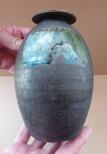 Load image into Gallery viewer, STUDIO POTTERY. Vintage 1960s Vase. Matt Black Lava Glaze &amp; Blue and Green Lustre Squares: GS Mark
