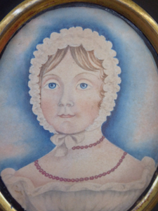 ANTIQUE Portrait Miniature of a Young Lady. Watercolour Study in Antique Black Wooden Frame with Acorn Hanging Ring; c 1830s